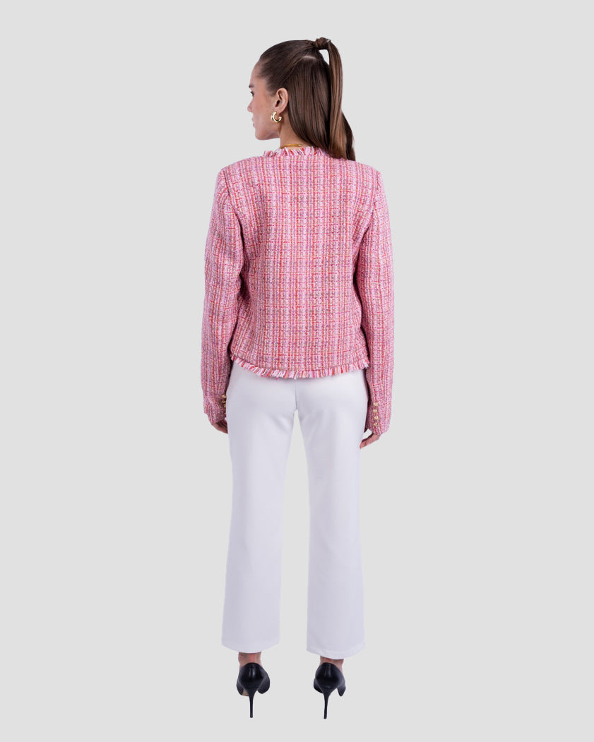 TEXTURED TWEED CROPPED JACKET WITH FRAYED TRIM