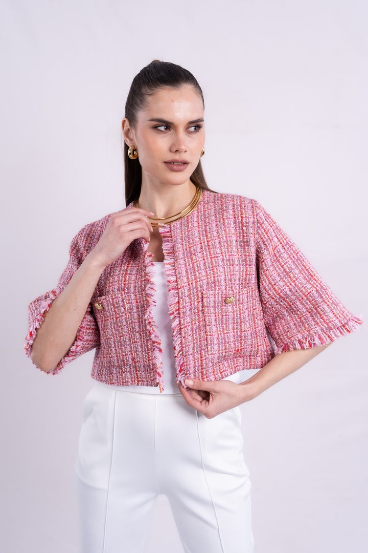 tweed jacket printed with long sleeves with two pockets