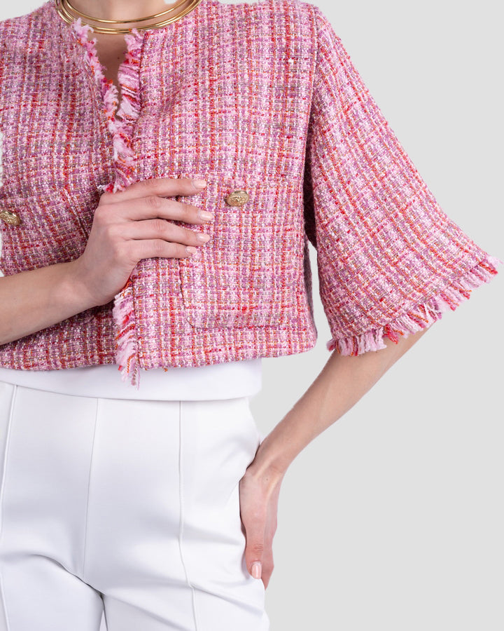 TEXTURED TWEED JACKET WITH FRAYED TRIM