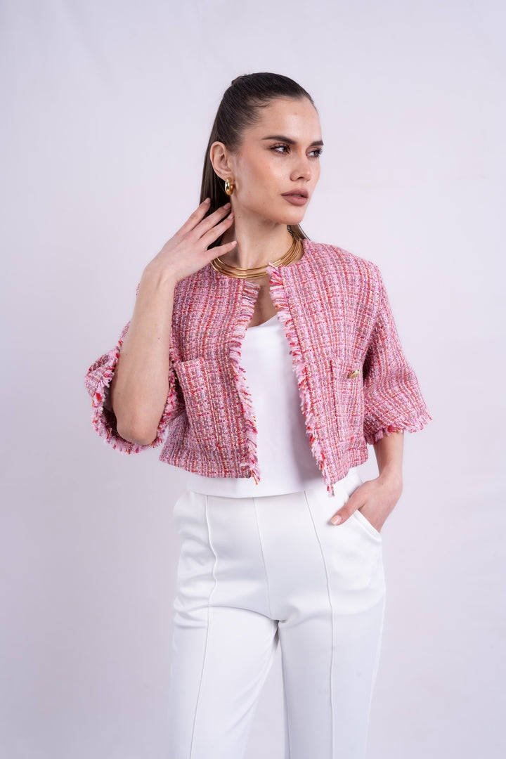 tweed jacket printed with long sleeves with two pockets