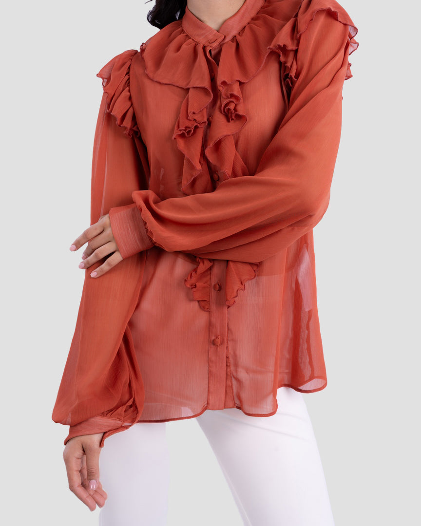 RUFFLED BLOUSE WITH HIGH NECK