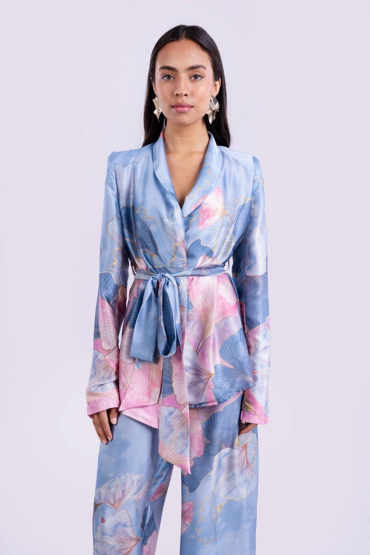 SATIN FLOWERS BLAZER WITH BELT