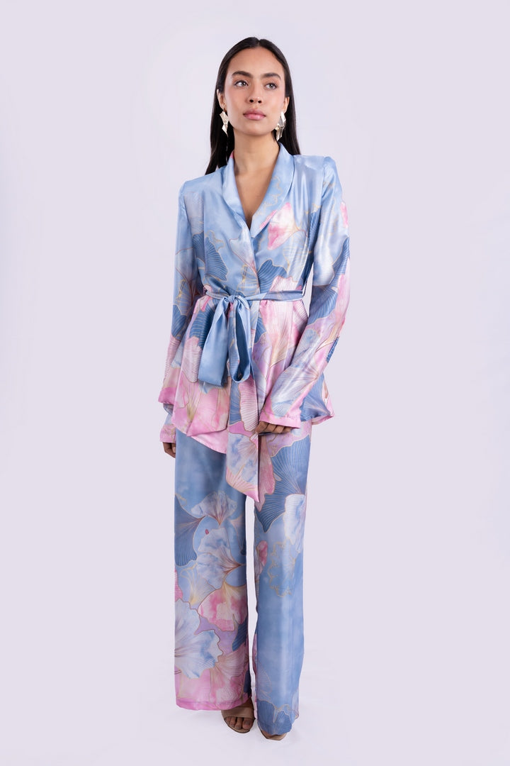 SATIN FLOWERS BLAZER WITH BELT