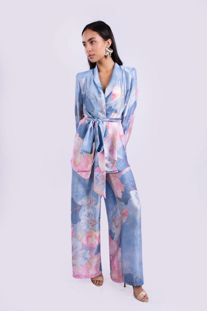 SATIN FLOWERS BLAZER WITH BELT