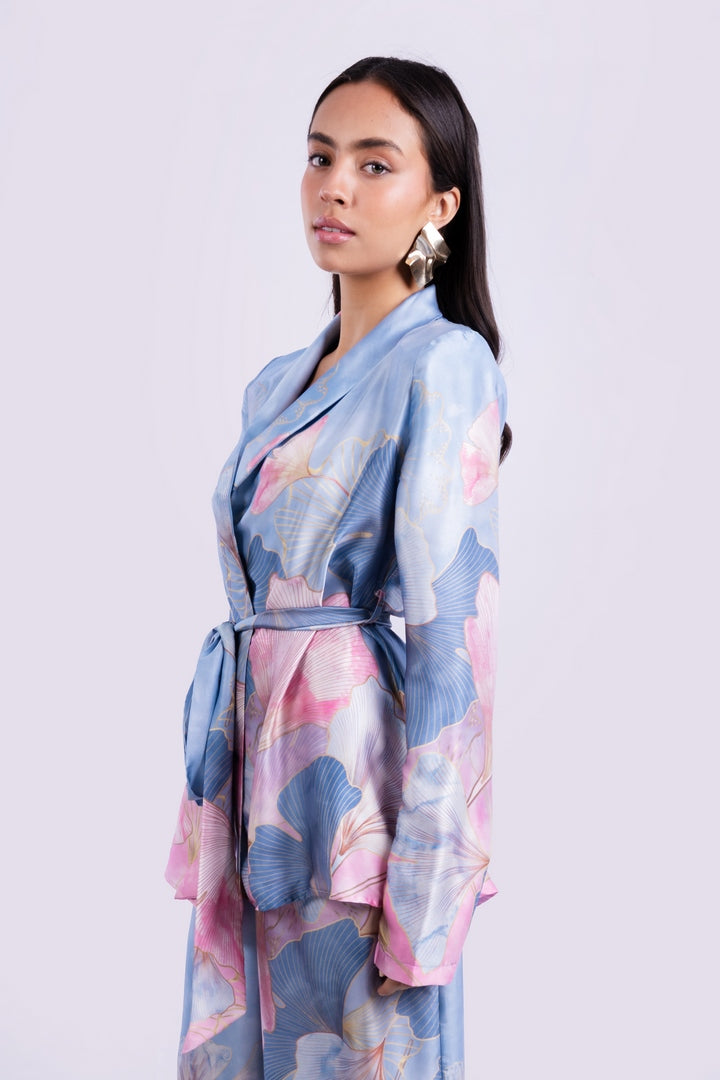 SATIN FLOWERS BLAZER WITH BELT