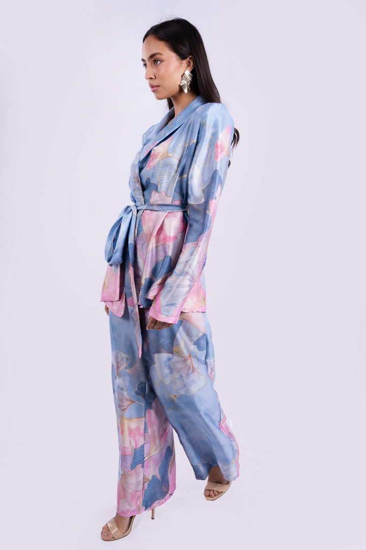 SATIN FLOWERS BLAZER WITH BELT