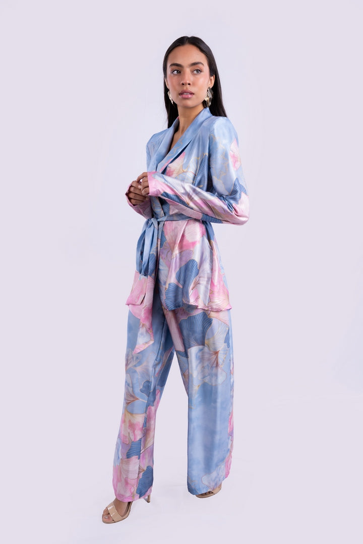SATIN FLOWERS BLAZER WITH BELT