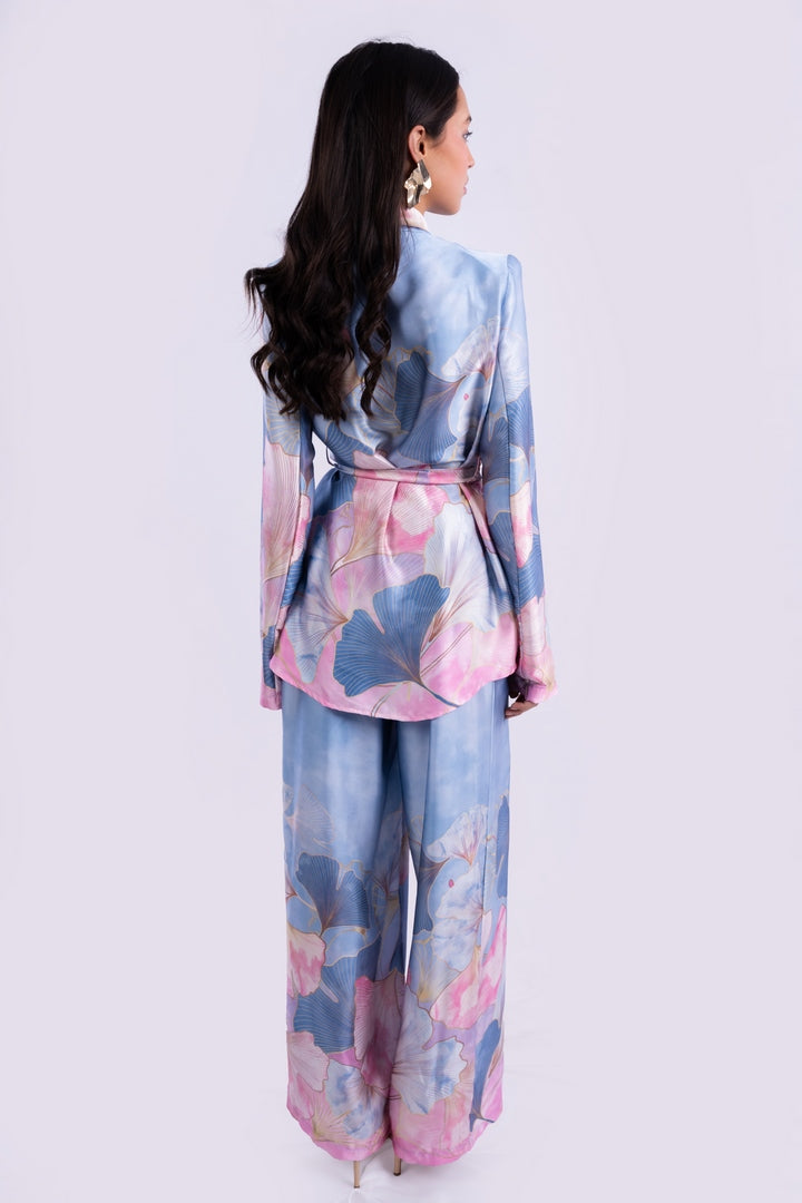 SATIN FLOWERS BLAZER WITH BELT