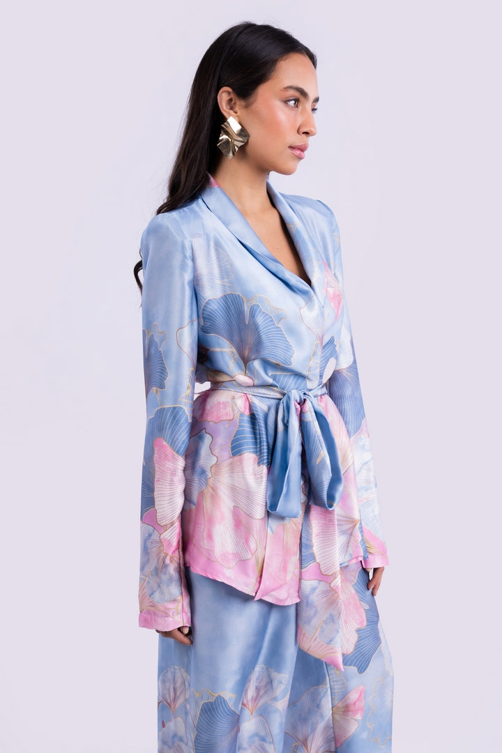 SATIN FLOWERS BLAZER WITH BELT