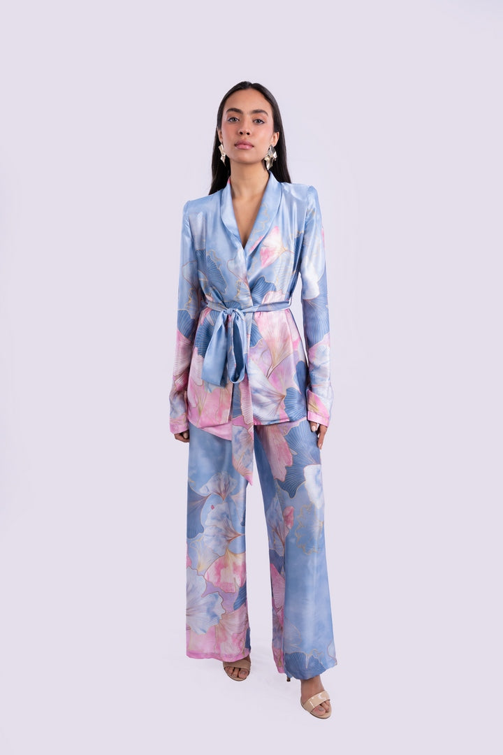 SATIN FLOWERS BLAZER WITH BELT