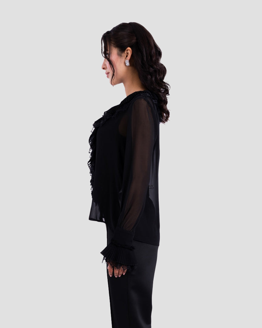 SHEER BLOUSE WITH RUFFLED TRIM