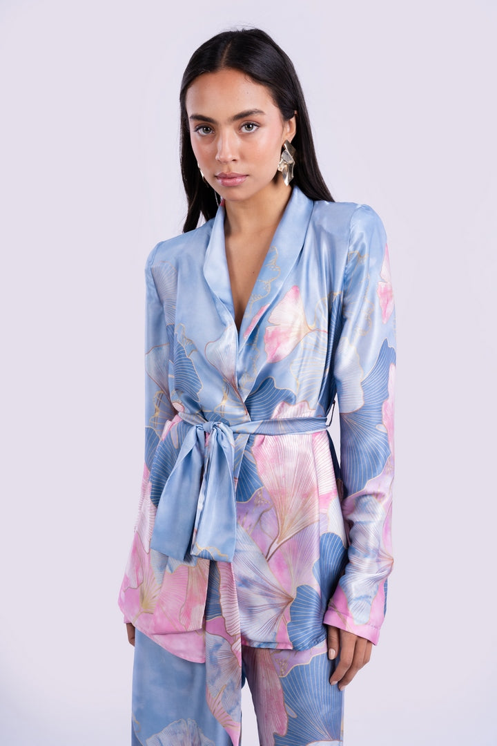 SATIN FLOWERS BLAZER WITH BELT