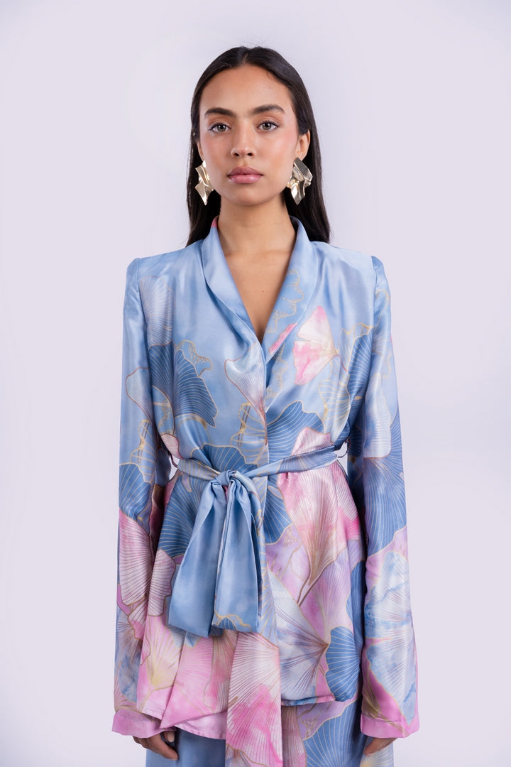 SATIN FLOWERS BLAZER WITH BELT