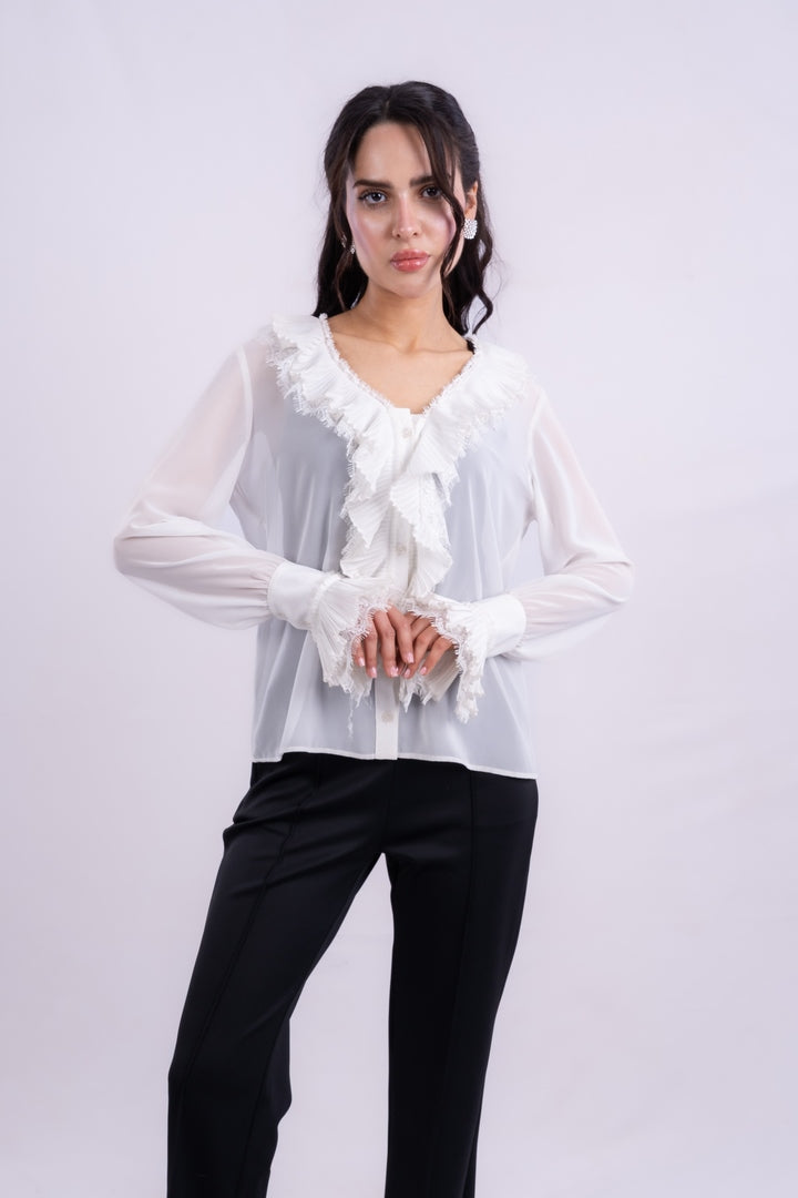 Ruffle Detail Split Neck Blouse