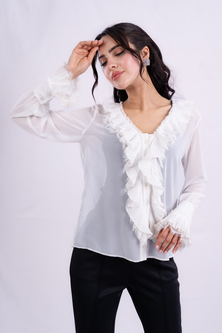 Ruffle Detail Split Neck Blouse