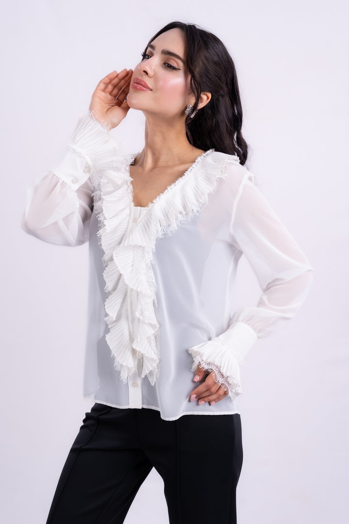Ruffle Detail Split Neck Blouse
