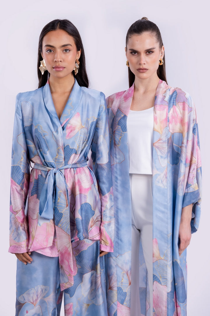 SATIN FLOWERS BLAZER WITH BELT