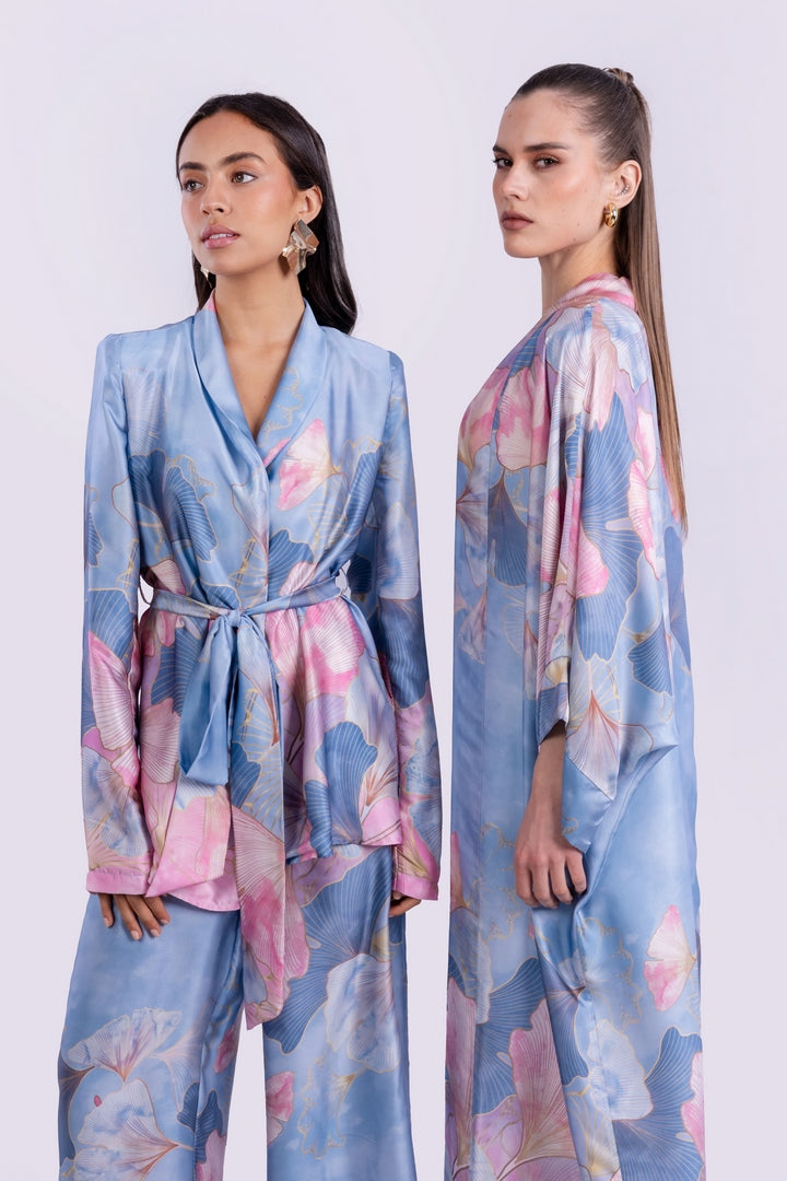 SATIN FLOWERS BLAZER WITH BELT