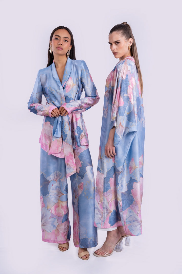 SATIN FLOWERS BLAZER WITH BELT