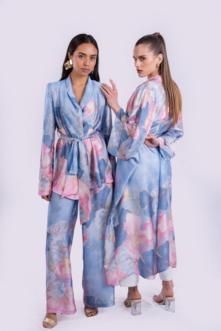 SATIN FLOWERS BLAZER WITH BELT