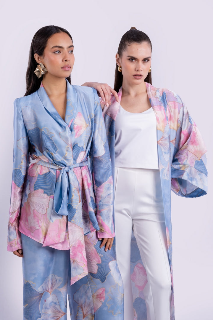 SATIN FLOWERS BLAZER WITH BELT