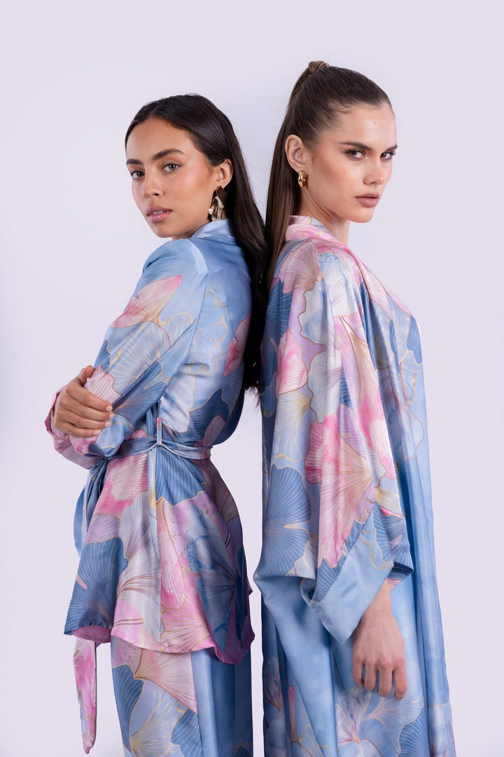 SATIN FLOWERS BLAZER WITH BELT