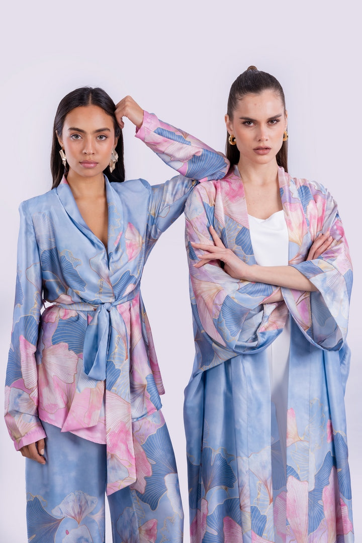 SATIN FLOWERS BLAZER WITH BELT