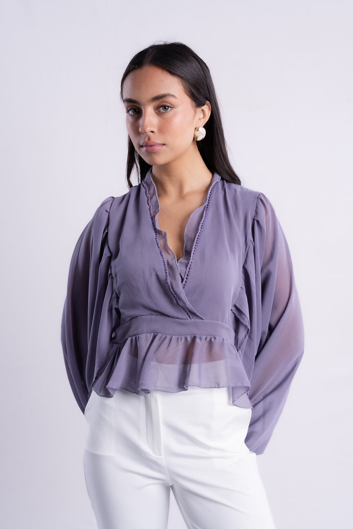 V-NECK BLOUSE WITH RUFFLED WITH LONG PUFF SLEEVES