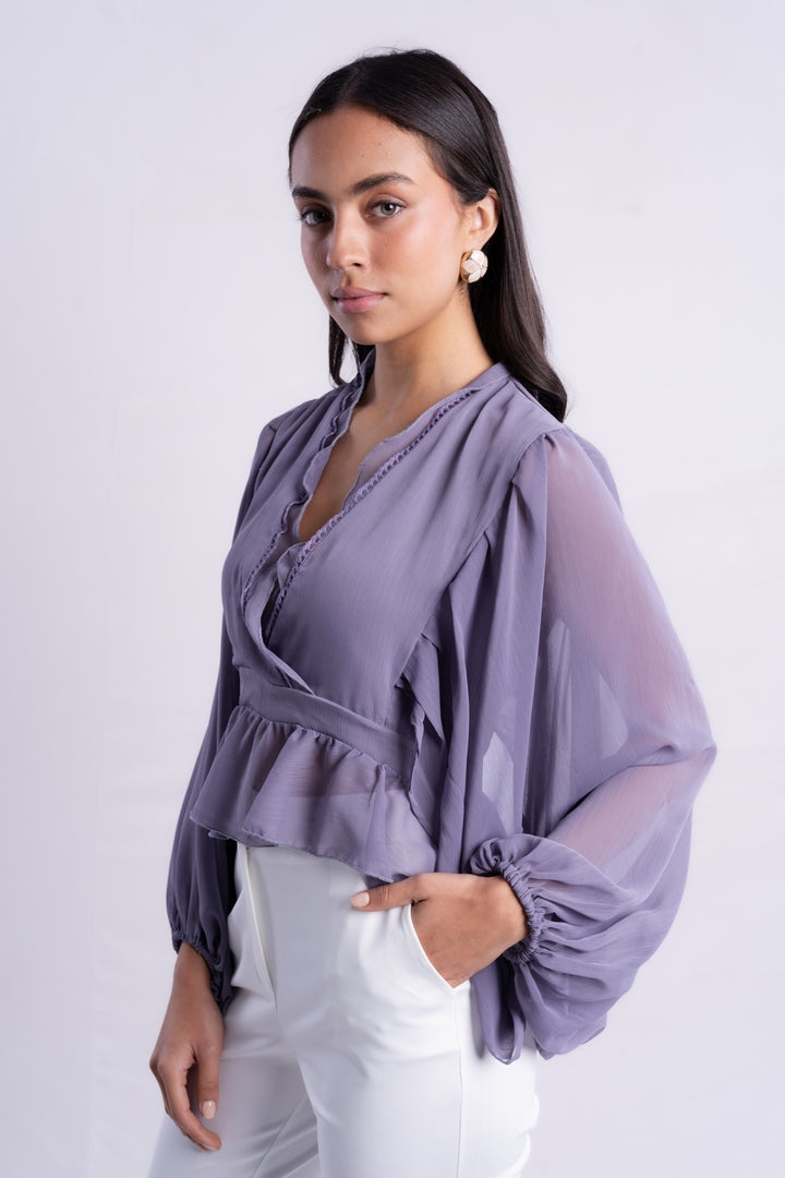 V-NECK BLOUSE WITH RUFFLED WITH LONG PUFF SLEEVES
