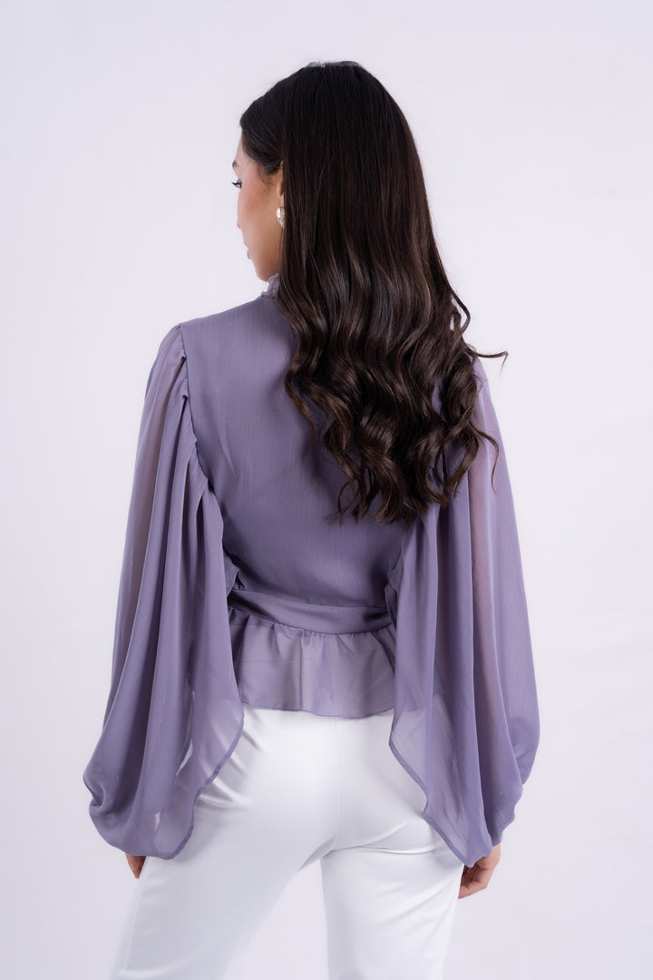 V-NECK BLOUSE WITH RUFFLED WITH LONG PUFF SLEEVES
