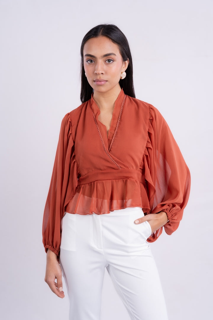 V-NECK BLOUSE WITH RUFFLED WITH LONG PUFF SLEEVES