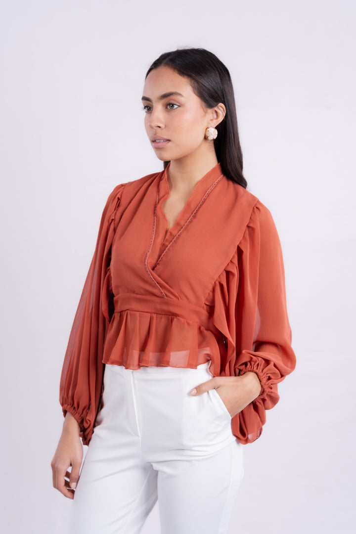 V-NECK BLOUSE WITH RUFFLED WITH LONG PUFF SLEEVES