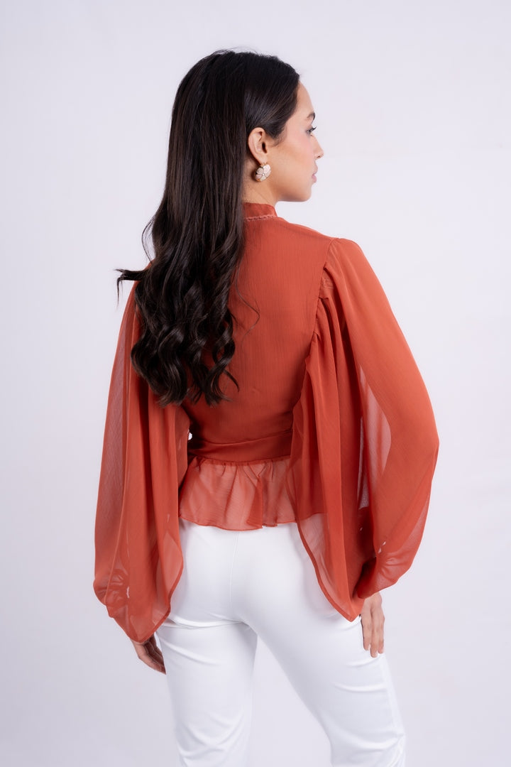 V-NECK BLOUSE WITH RUFFLED WITH LONG PUFF SLEEVES
