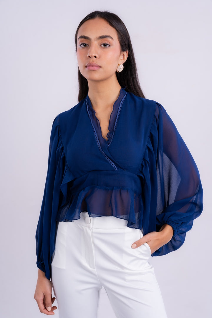 V-NECK BLOUSE WITH RUFFLED WITH LONG PUFF SLEEVES