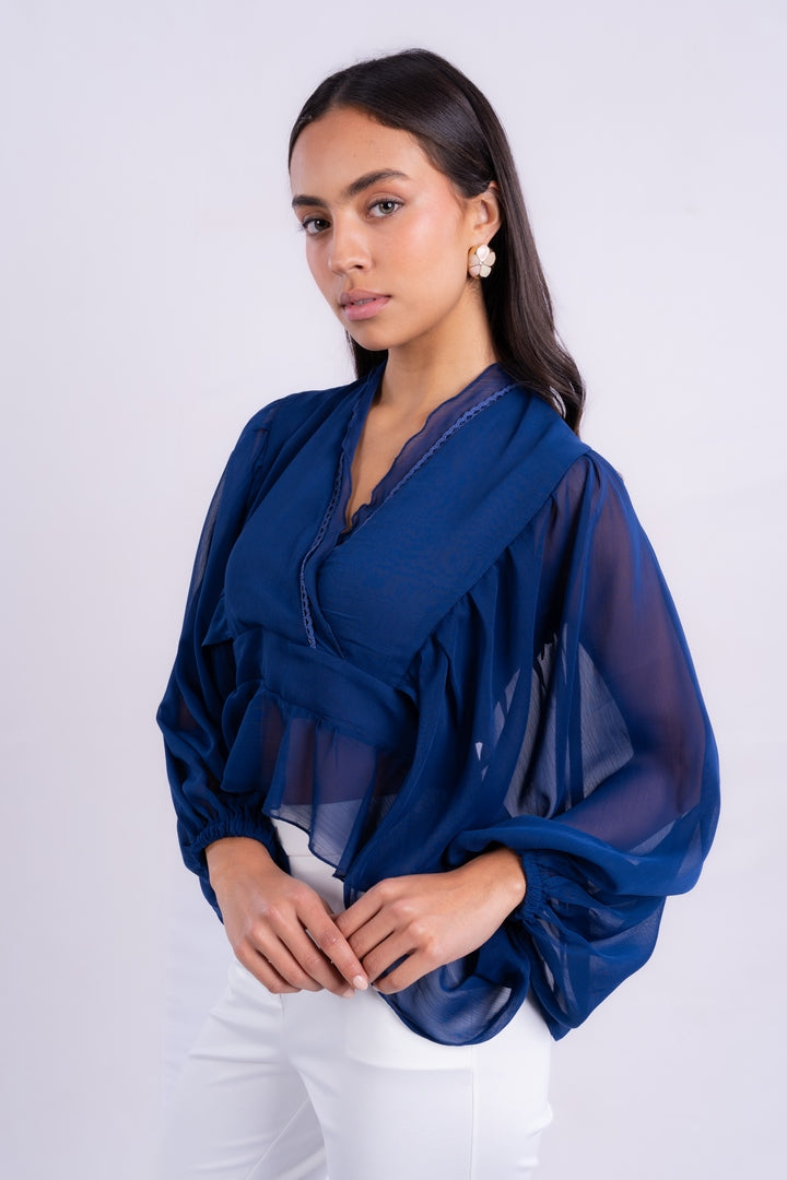 V-NECK BLOUSE WITH RUFFLED WITH LONG PUFF SLEEVES
