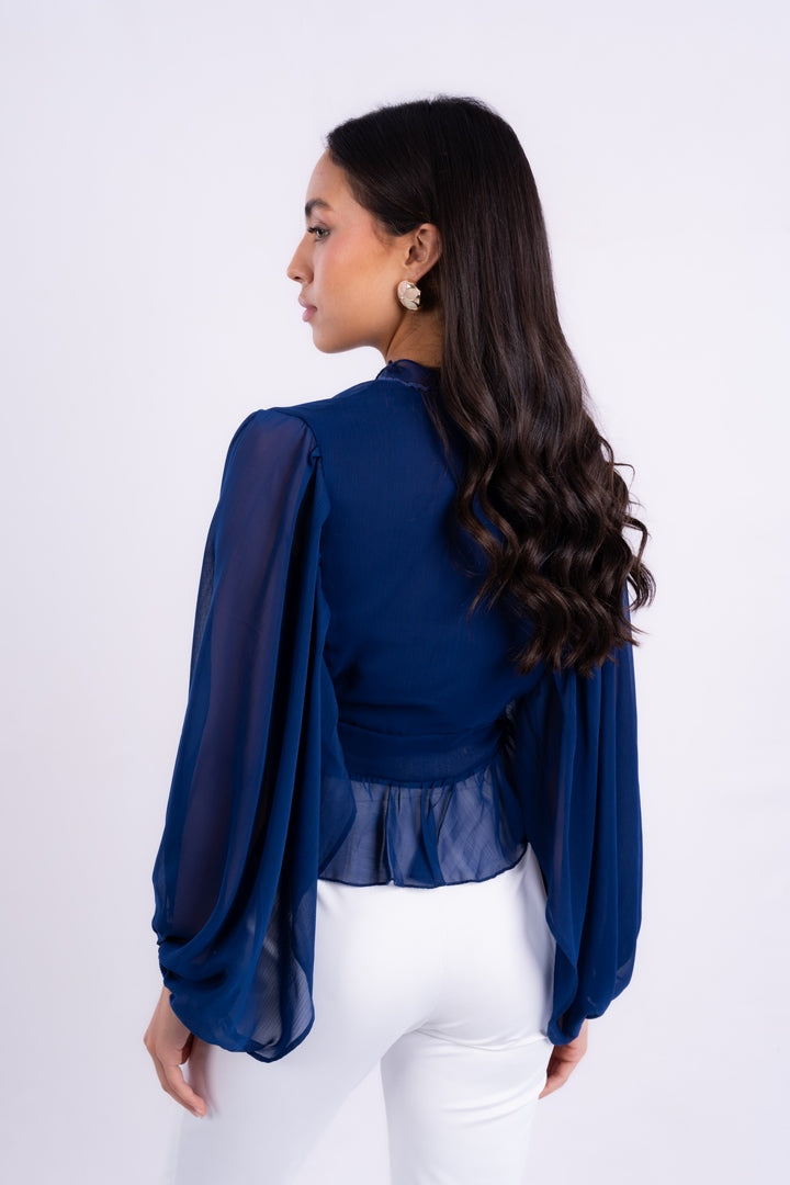 V-NECK BLOUSE WITH RUFFLED WITH LONG PUFF SLEEVES