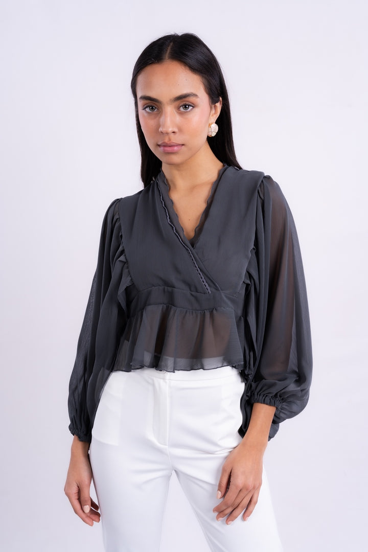 V-NECK BLOUSE WITH RUFFLED WITH LONG PUFF SLEEVES