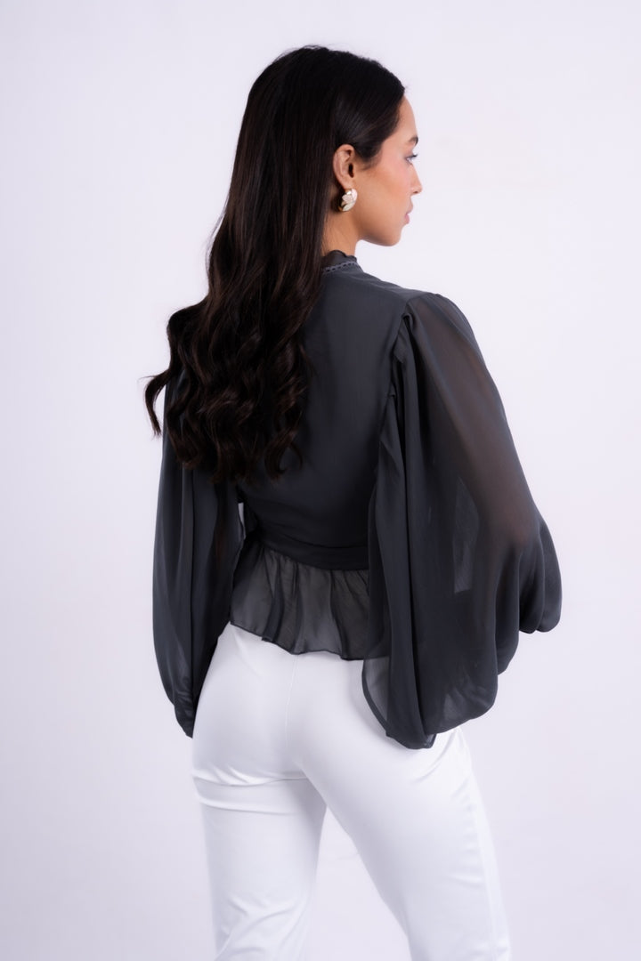 V-NECK BLOUSE WITH RUFFLED WITH LONG PUFF SLEEVES