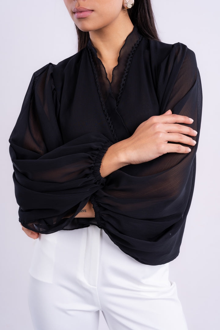 V-NECK BLOUSE WITH RUFFLED WITH LONG PUFF SLEEVES