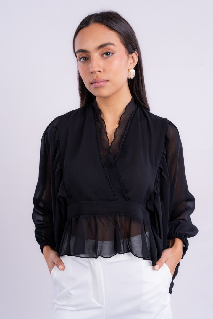 V-NECK BLOUSE WITH RUFFLED WITH LONG PUFF SLEEVES