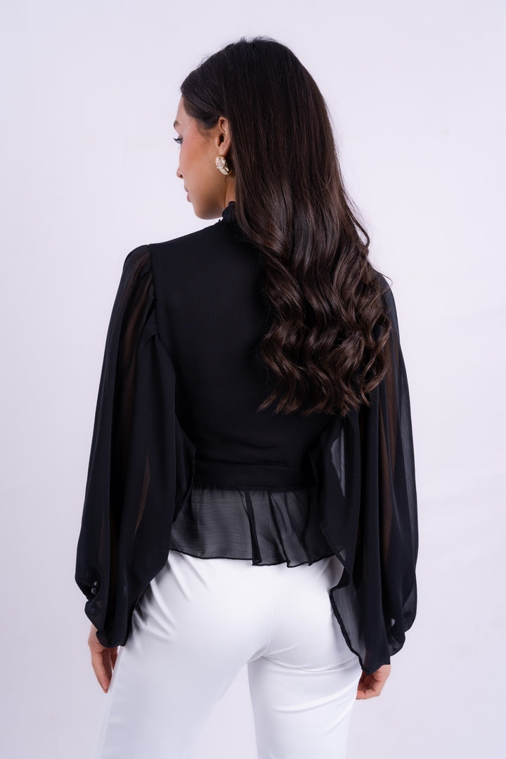V-NECK BLOUSE WITH RUFFLED WITH LONG PUFF SLEEVES