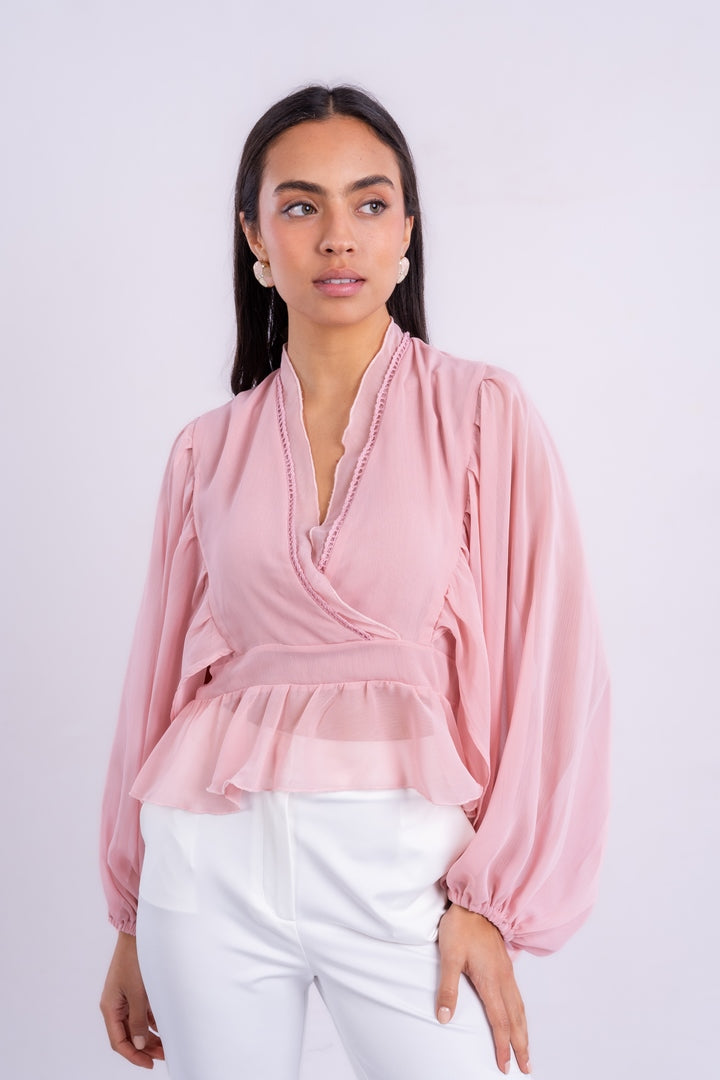 V-NECK BLOUSE WITH RUFFLED WITH LONG PUFF SLEEVES