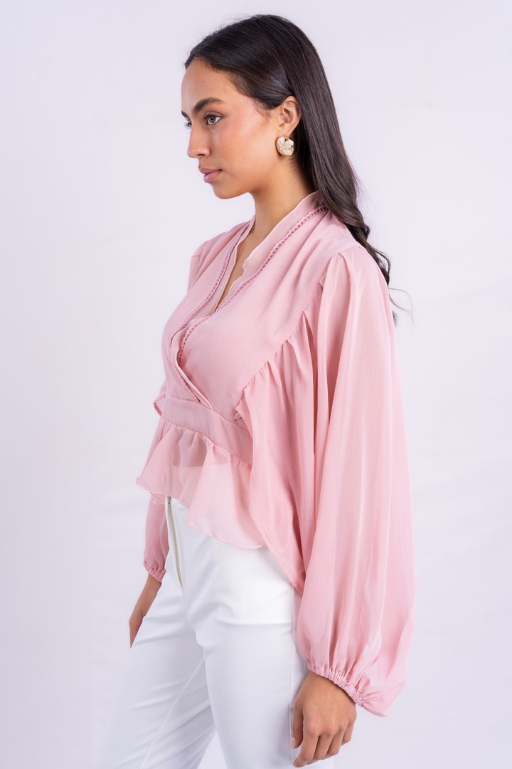 V-NECK BLOUSE WITH RUFFLED WITH LONG PUFF SLEEVES
