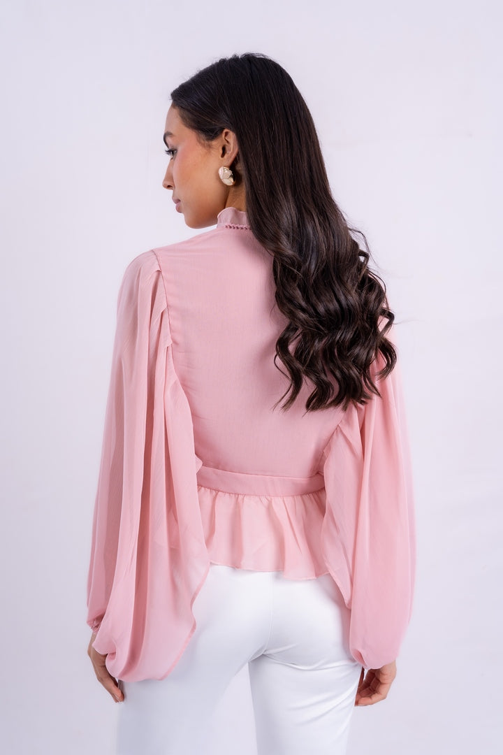 V-NECK BLOUSE WITH RUFFLED WITH LONG PUFF SLEEVES