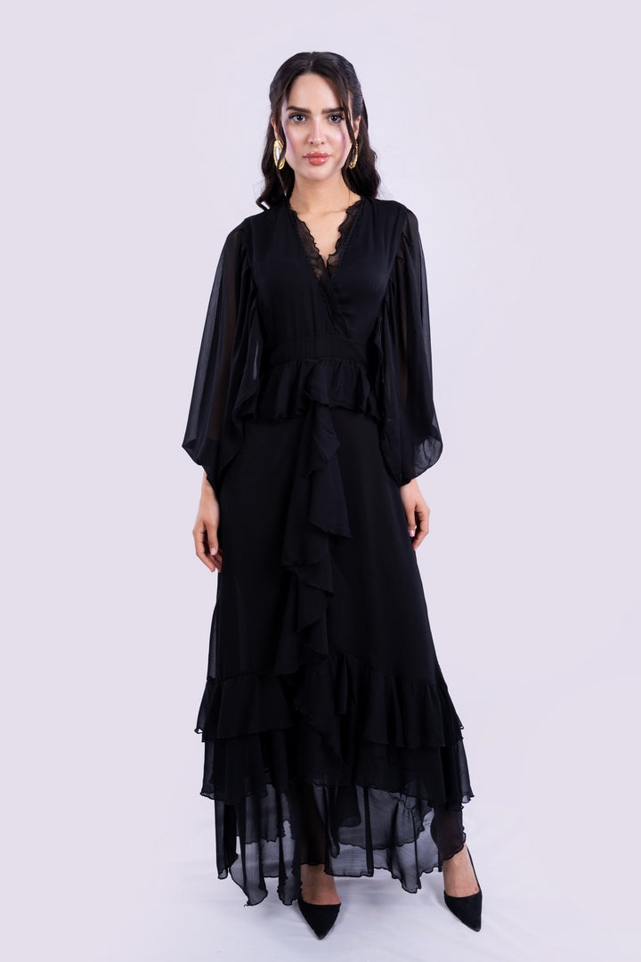 RUFFELD LONG DRESS V-NECK WITH ELASTICATED CUFFS