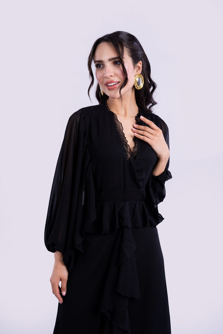 RUFFELD LONG DRESS V-NECK WITH ELASTICATED CUFFS