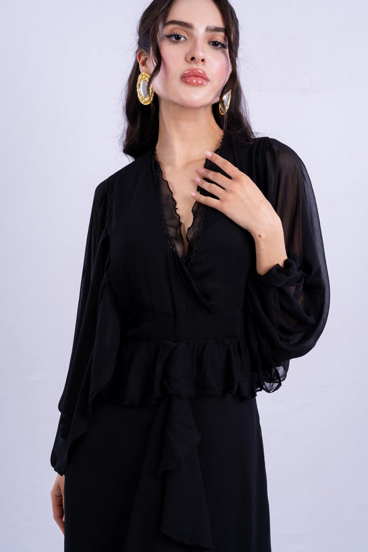 RUFFELD LONG DRESS V-NECK WITH ELASTICATED CUFFS