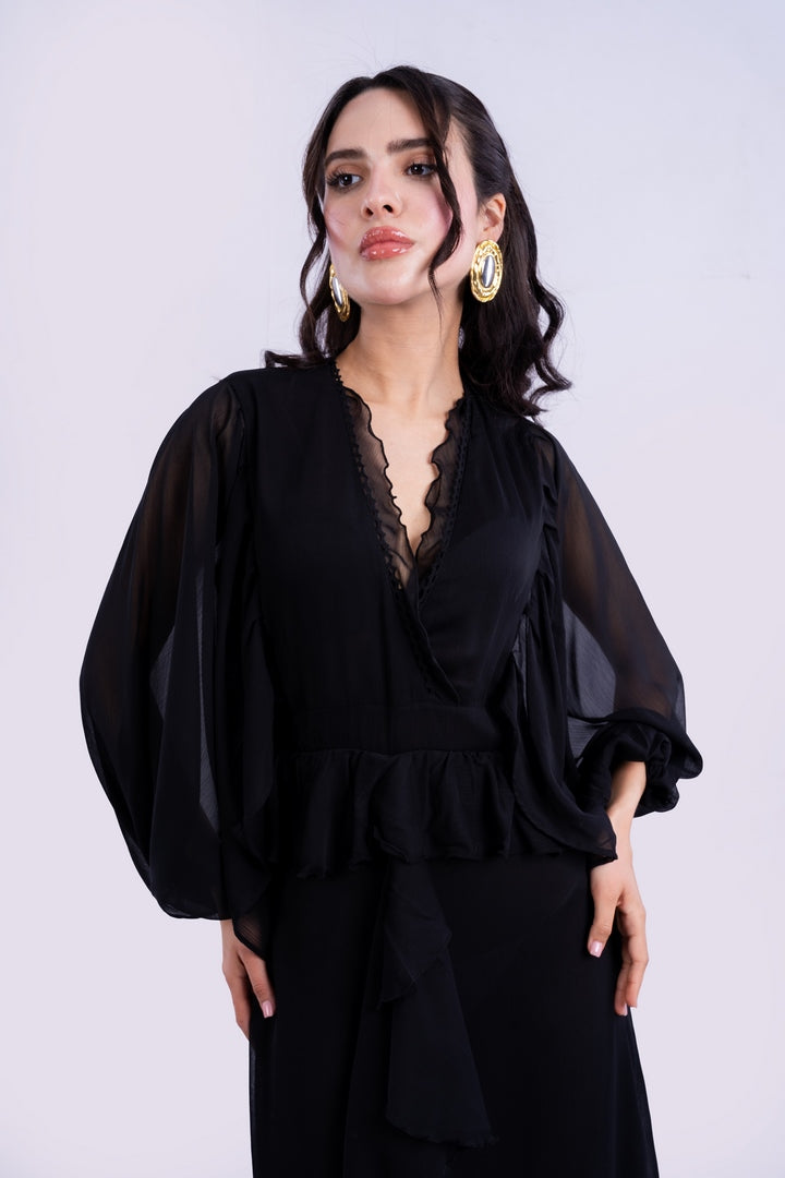 RUFFELD LONG DRESS V-NECK WITH ELASTICATED CUFFS
