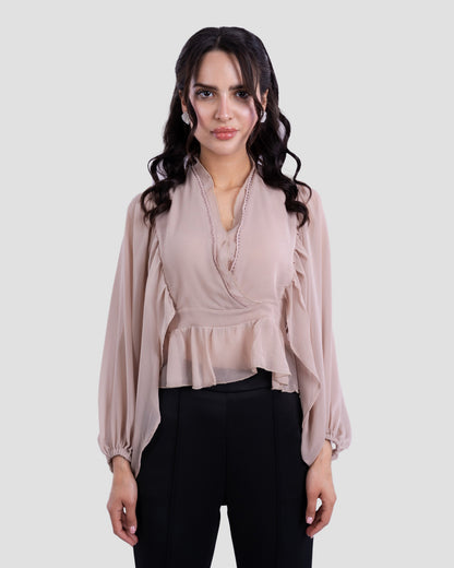 FLOWY V-NECK BLOUSE WITH RUFFLE TRIM