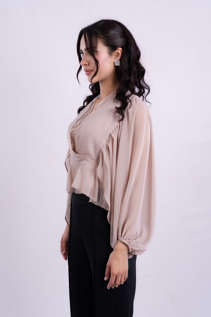 V-NECK BLOUSE WITH RUFFLED WITH LONG PUFF SLEEVES